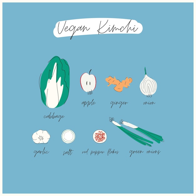 Ilustração de kimchi vegano tradicional japonês, ingredientes e descrições