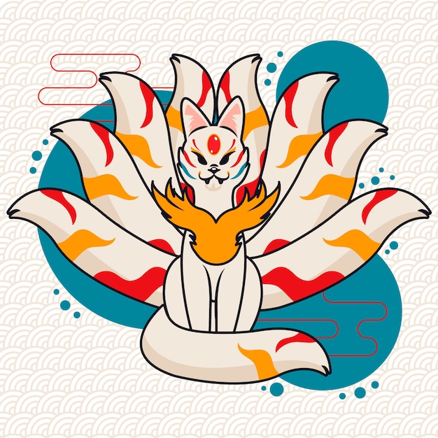 Vetor ilustração de kitsune de design plano desenhado à mão