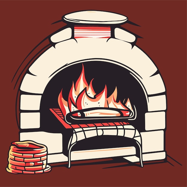 Vetor ilustração de lareira de desenho animado desenhada à mão ou lareira de tijolos vermelhos com fogo ardente