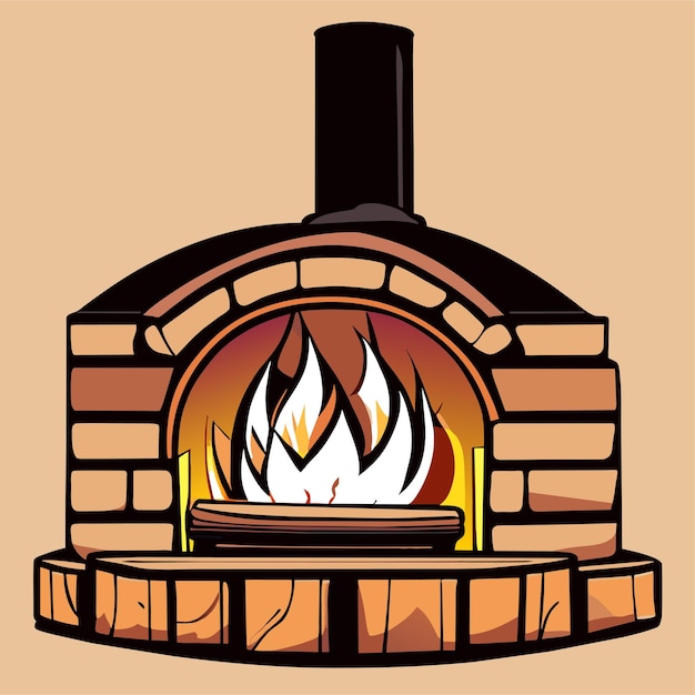 Vetor ilustração de lareira de desenho animado desenhada à mão ou lareira de tijolos vermelhos com fogo ardente