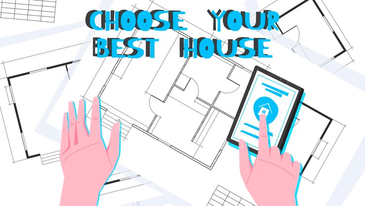 Vetor ilustração de layout de apartamento com escolha sua melhor casa e título em azul