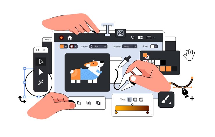 Vetor ilustração de layout de design de interface do usuário com ferramentas manuais para arte digital profissional em edição de gráficos vetoriais