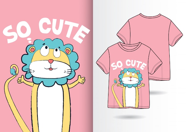 Ilustração de leão bonito mão desenhada com design de camisa de t
