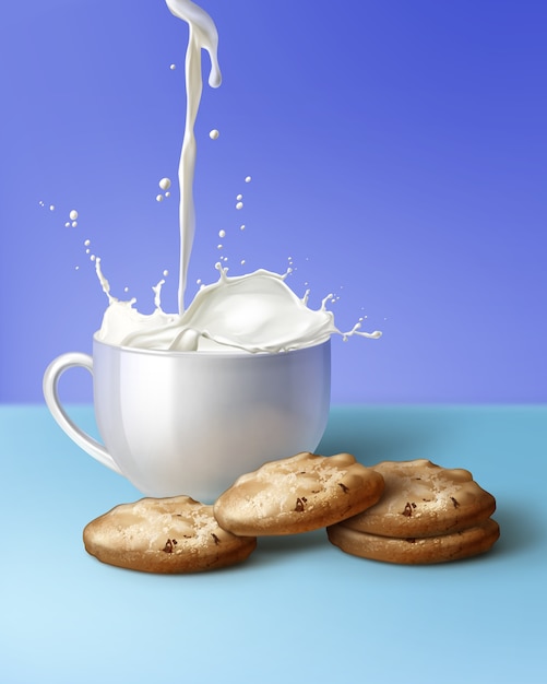 ilustração de leite purificado em copo branco e biscoitos de batata frita marrom no fundo azul