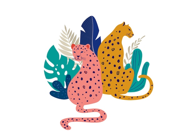 Ilustração de leopardos com folhas tropicais