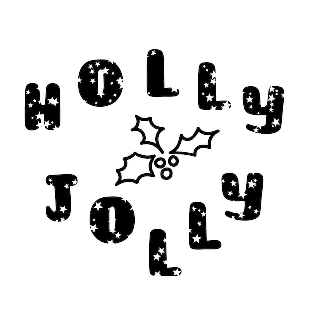 Ilustração de letras holly jolly com folhas de estrelas e bagas em fundo branco letras para cartão