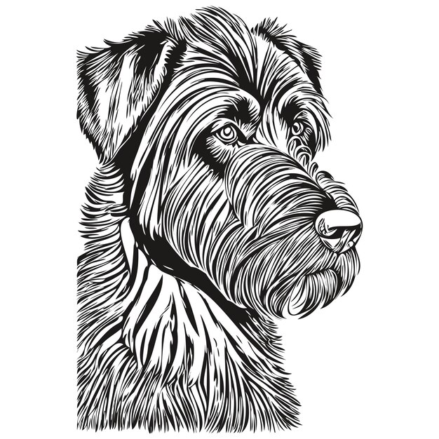 Vetor ilustração de linha de cachorro schnauzer gigante, retrato de rosto de esboço de tinta preta e branca em animal de estimação de raça realista vetorial