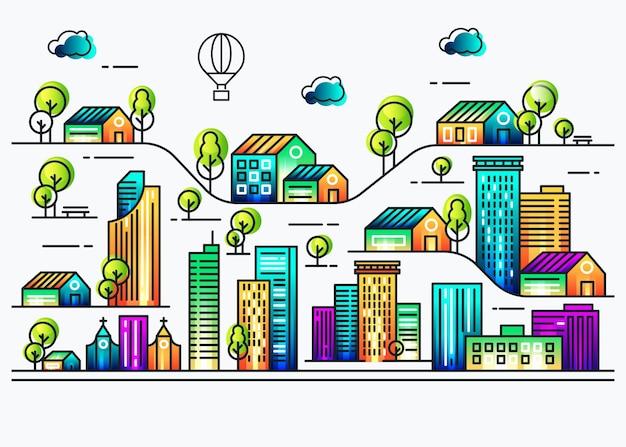 Ilustração de linha de cidade conceito com fundo colorido
