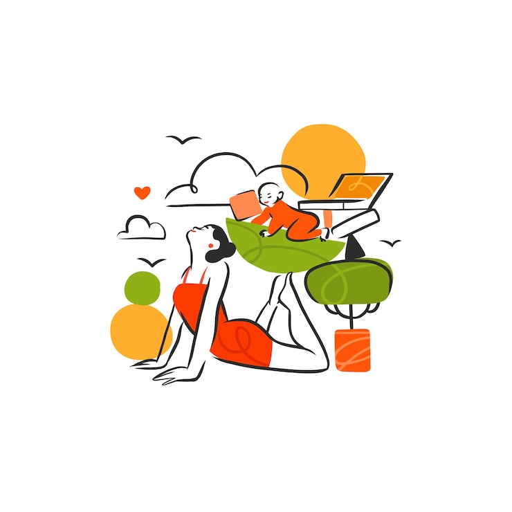 Vetor ilustração de linha de desenho animado vetorial desenhada à mão com mulher fazendo ioga e mantendo sua vida em