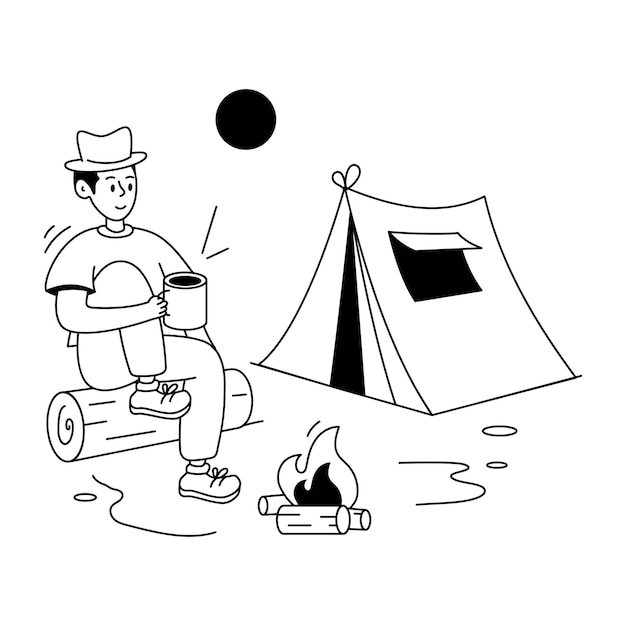 Ilustração de linha premium de café de acampamento