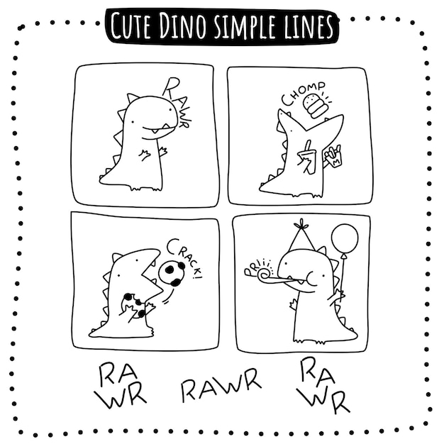 Vetor ilustração de linhas simples de dino fofinho