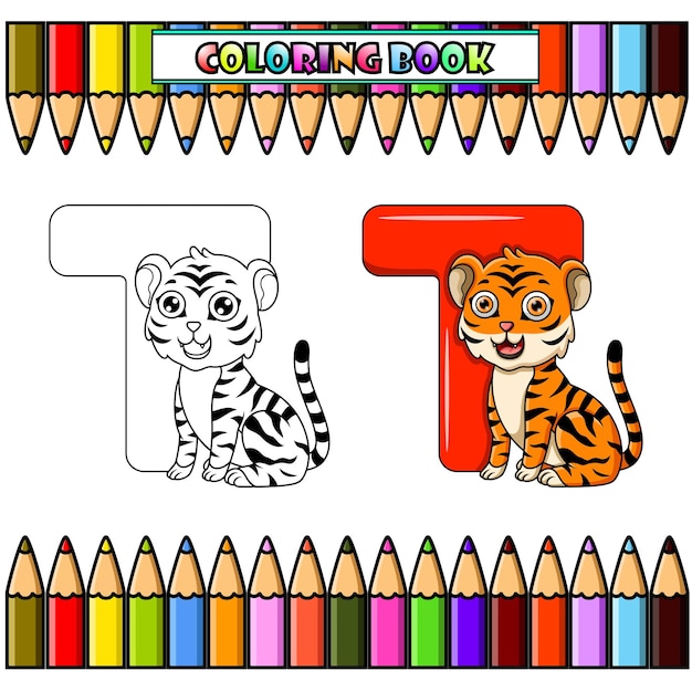 Ilustração de livro para colorir da letra t para tigre