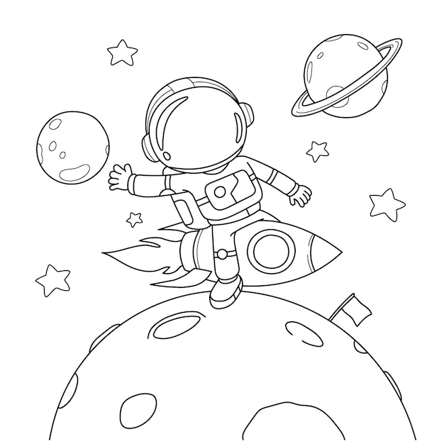 Ilustração de livro para colorir de astronauta desenhada à mão