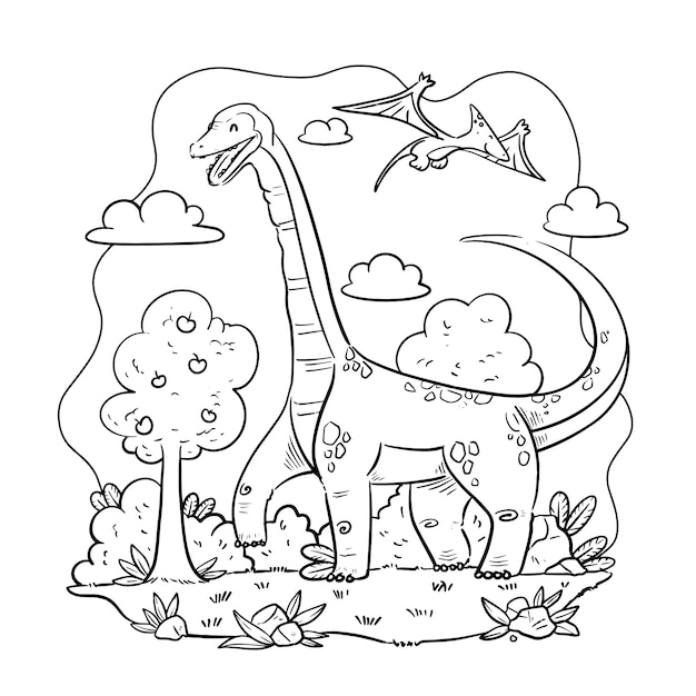 Ilustração de livro para colorir de dinossauro desenhada à mão