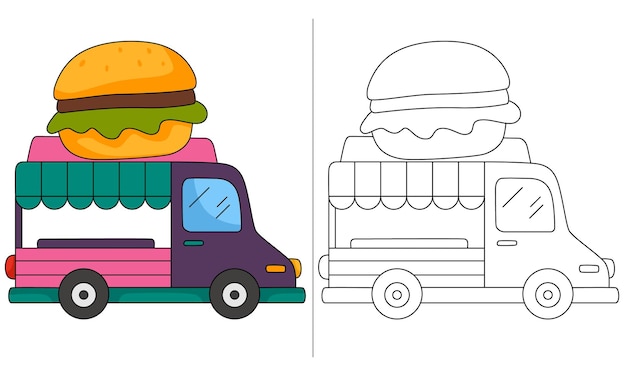 Vetor ilustração de livro para colorir infantil burger foodtruck rosa roxo