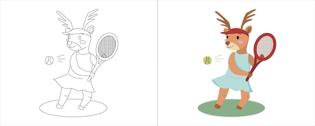 Ilustração de livro para colorir infantil cervos jogando tênis