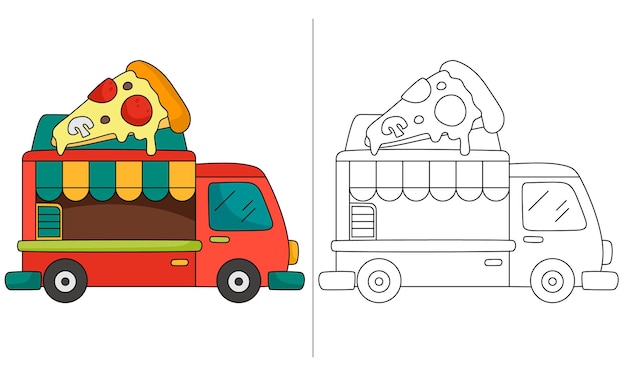 Ilustração de livro para colorir infantil de pizza vermelha foodtruck