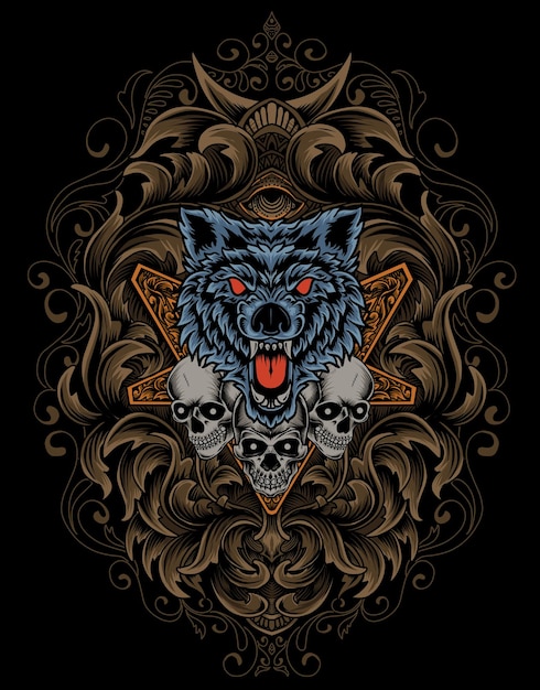 Ilustração de lobo zangado e cabeça de caveira com ornamento antigo