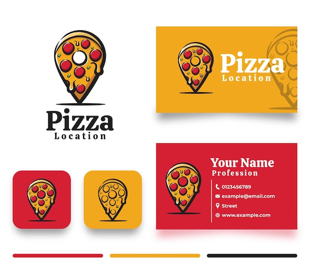 Ilustração de localização de pizza de logotipo e cartão de visita fofo