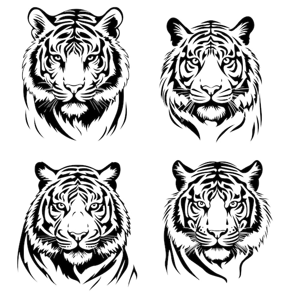 Ilustração de logotipo de cara de cabeça de tigre estilo de tatuagem preto plano delineado