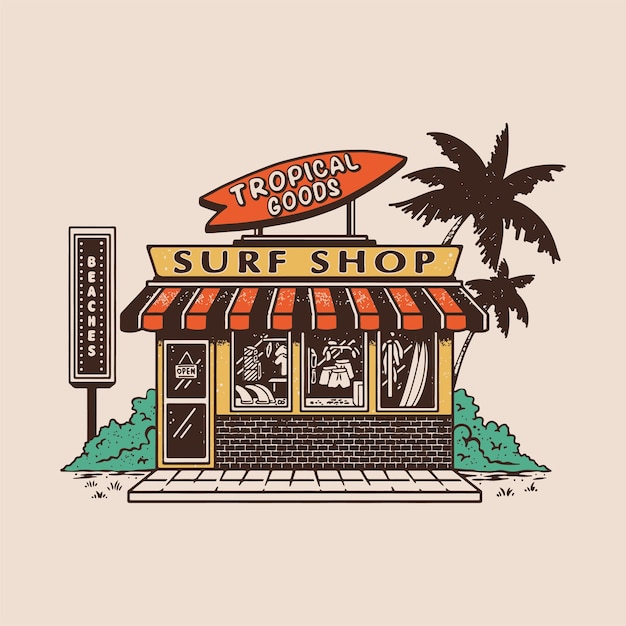 Vetor ilustração de loja de surf design gráfico tropical praia desenho de camiseta vintage