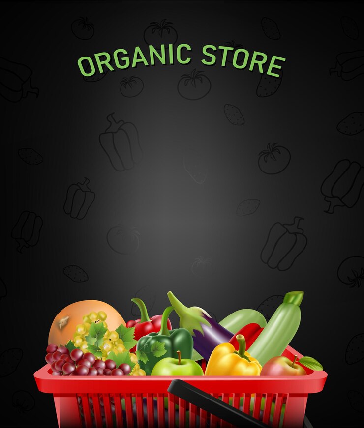 Vetor ilustração de loja orgânica com cesta vermelha realista e vegetais e frutas dentro.