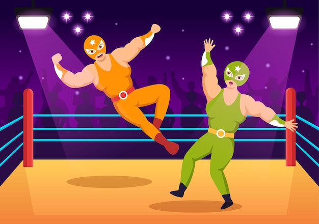 Ilustração de luta livre com dois lutadores competição de boxe ou esporte de campeonato em uma arena