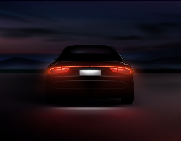 ilustração de luzes traseiras de carros realistas brilhando no fundo da noite escura