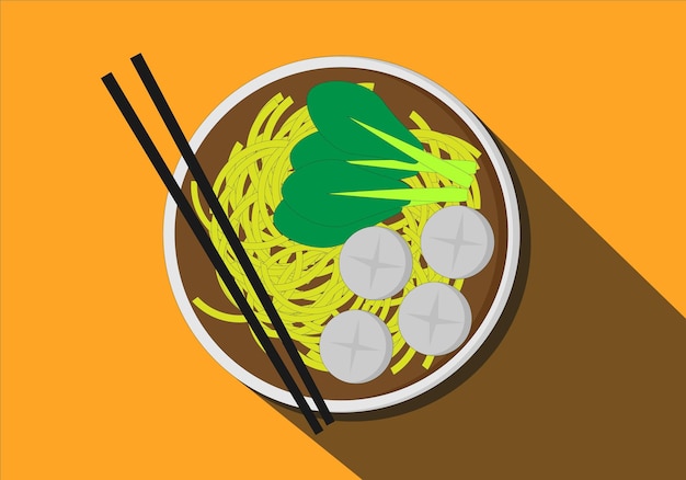 Ilustração de macarrão de carne e legumes de comida indonésia Usando pauzinhos como talheres