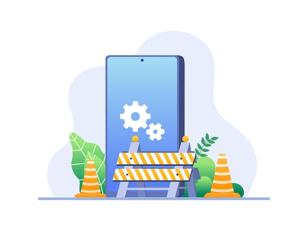 Ilustração de manutenção de software de aplicação com barreira de estrada de cone de trânsito e um smartphone