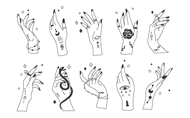 Ilustração de mão de astrologia espiritual leitura de mãos quiromancia