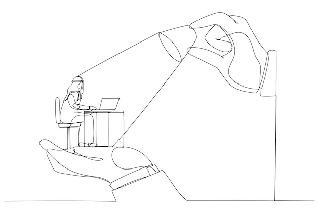 Ilustração de mãos grandes segurando um homem árabe e iluminação na metáfora superior para suporte e coordenação de controle um estilo de arte de linha contínua