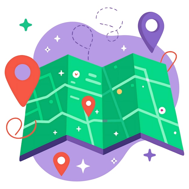 Ilustração de mapa dobrado colorido com marcadores de localização