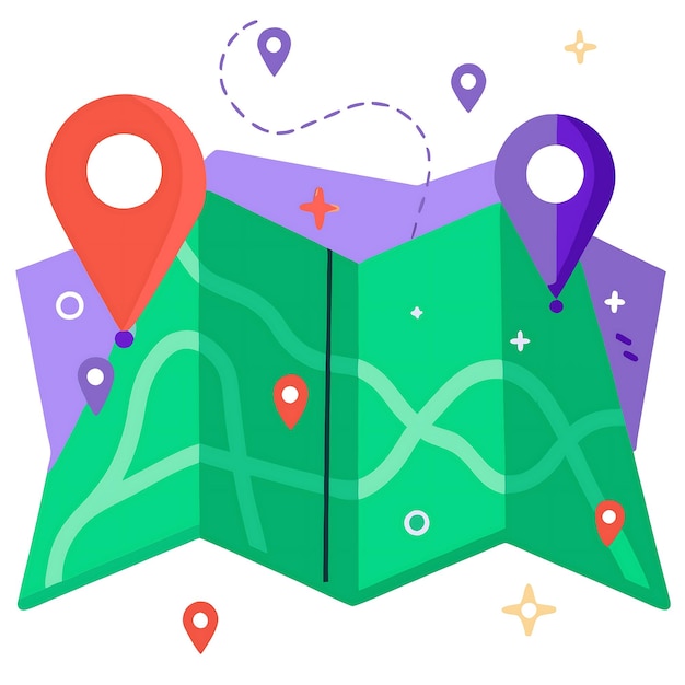 Ilustração de mapa dobrado colorido com marcadores de localização