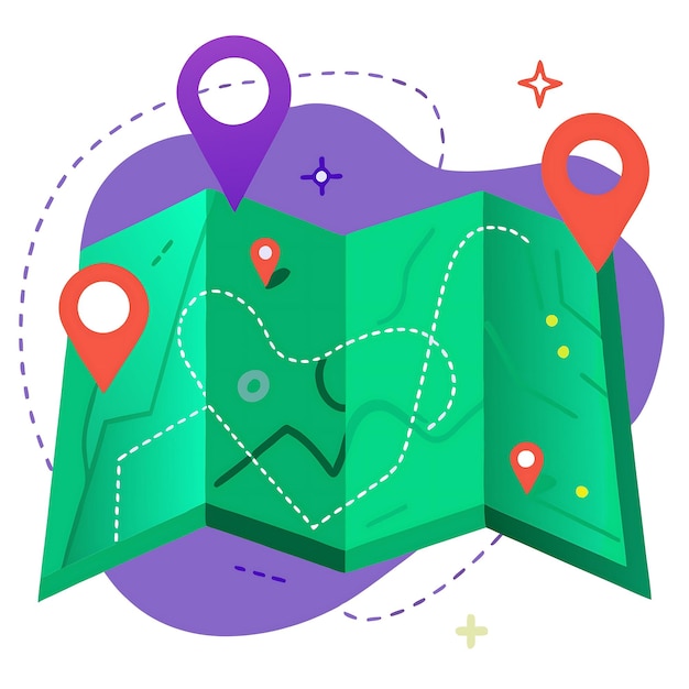 Ilustração de mapa dobrado colorido com marcadores de localização