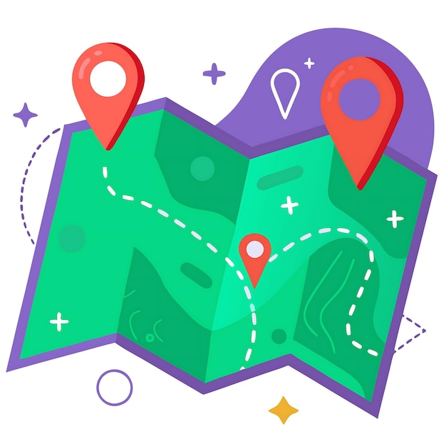 Ilustração de mapa dobrado colorido com marcadores de localização