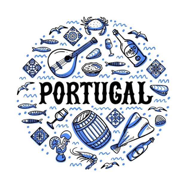 Ilustração de marco de portugal design de formato redondo com símbolos de portugal