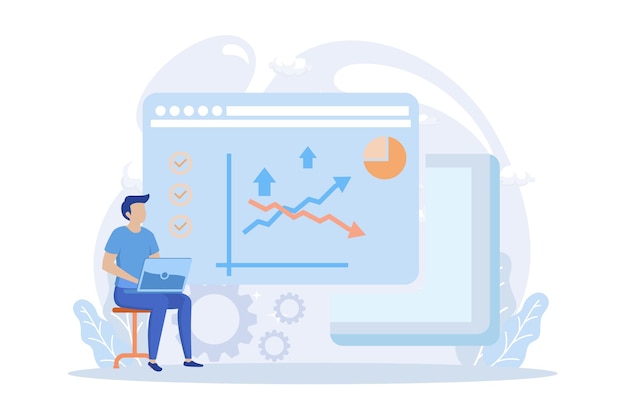 Ilustração de marketing e promoção digital. Personagens analisando gráfico,