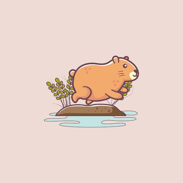 Ilustração de mascote de capivara fofa pulando na água