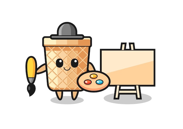 Ilustração de mascote de cone de waffle como um desenho bonito de pintor