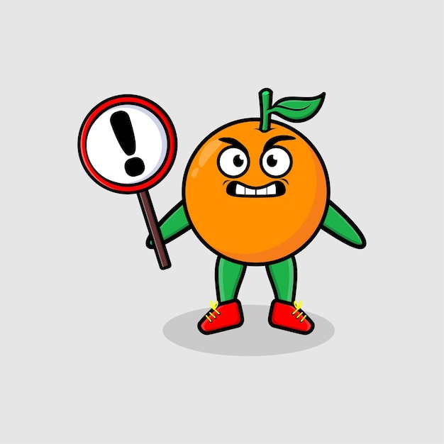 Vetor ilustração de mascote de desenho animado bonito laranja com imagem vetorial de placa de sinal de exclamação