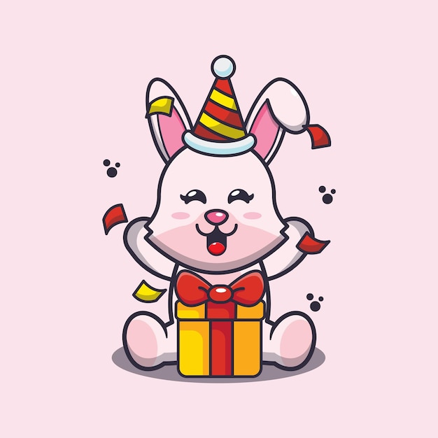 Ilustração de mascote de desenho animado de coelhinho fofo na festa de aniversário.