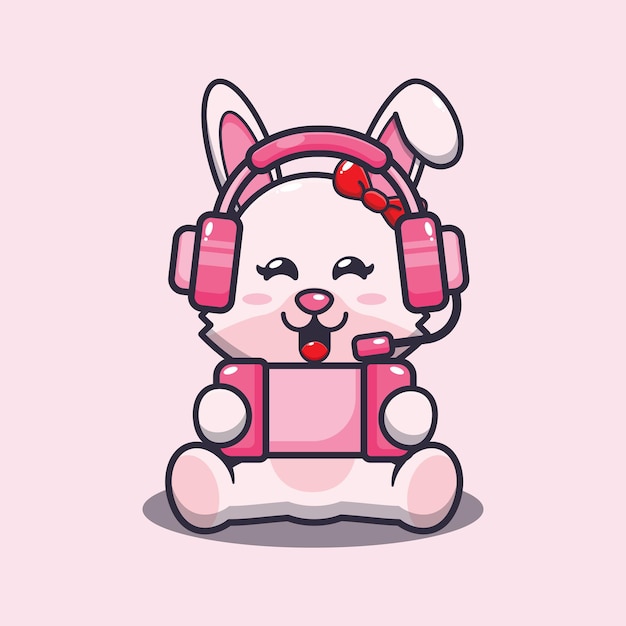 Ilustração de mascote de desenho animado de coelho bonito jogando jogo