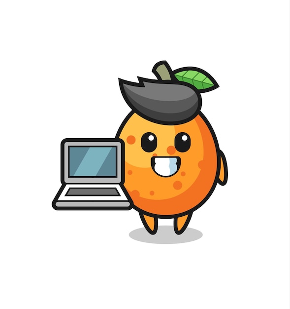 Ilustração de mascote de kumquat com um laptop, design de estilo fofo para camiseta, adesivo, elemento de logotipo