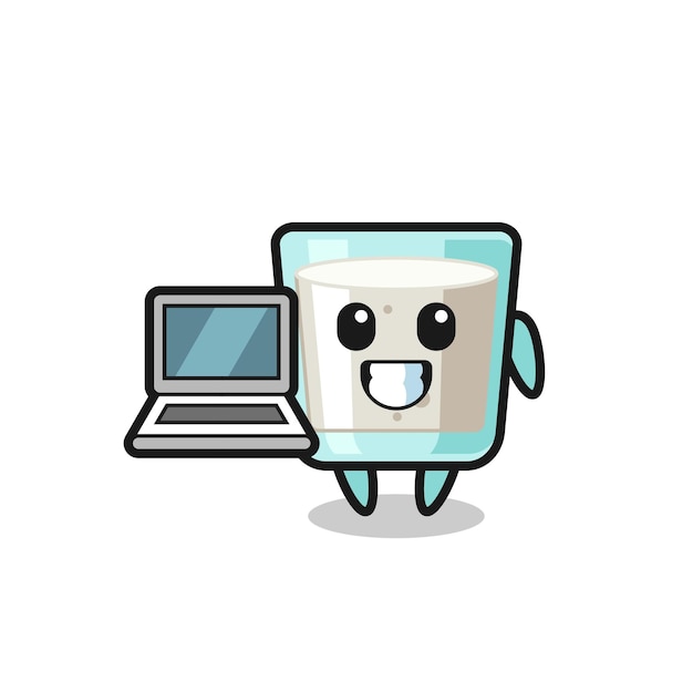 Ilustração de mascote de leite com um laptop