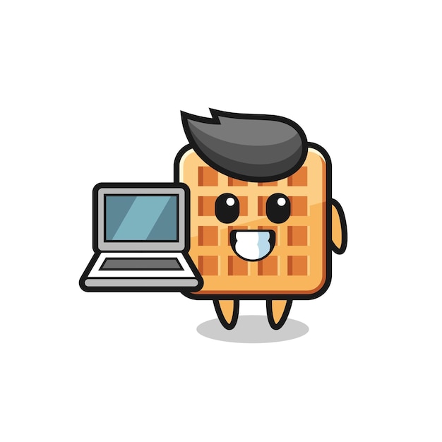 Ilustração de mascote de waffle com um design fofo de laptop