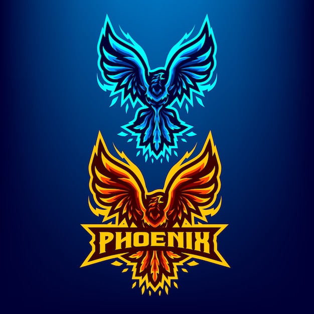 Ilustração de mascote phoenix bird para esportes e esports logo isolado em fundo azul escuro