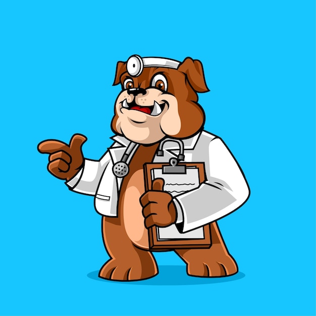 Vetor ilustração de mascote vetorial de médico bulldog fofo