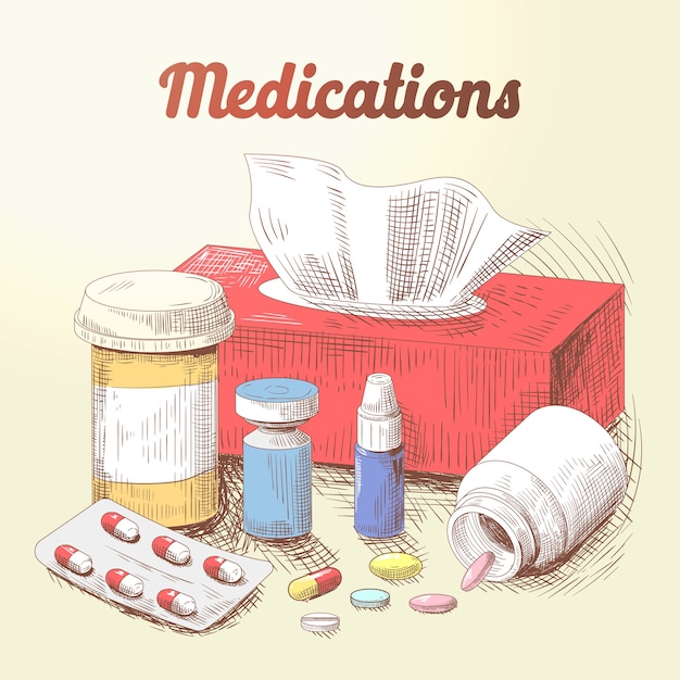 Vetor ilustração de medicamentos desenhados à mão