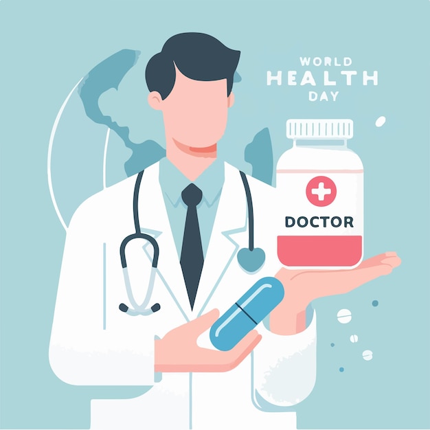 Ilustração de médico e medicina com texto dia mundial da saúde